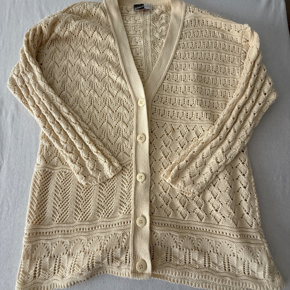 Beldoch Cardigan Women PM Cream Pointelle Knit Cotton Vintage Cottagecore Boho